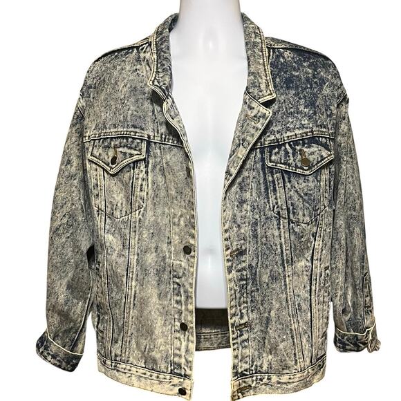 VTG URBAN EQUIPMENT Denim Bomber Jacket Size Lg Acid Wash 80s Blue Jean Retro - Picture 1 of 11